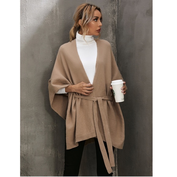 Knitted Cape Belted in Tan - Picture 3 of 10